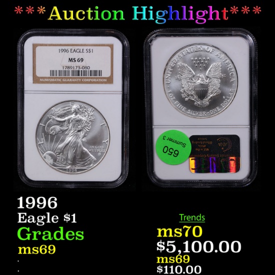 ***Auction Highlight*** NGC 1996 Silver Eagle Dollar $1 Graded ms69 By NGC (fc)