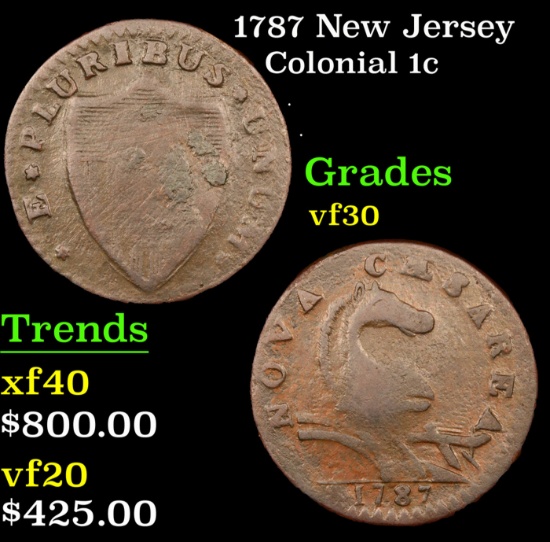 1787 New Jersey Colonial Cent 1c Grades vf++