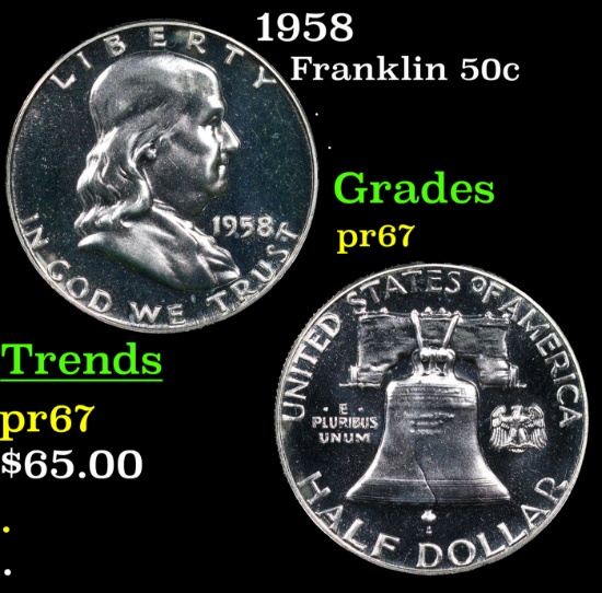 Proof 1958 Franklin Half Dollar 50c Grades GEM++ Proof