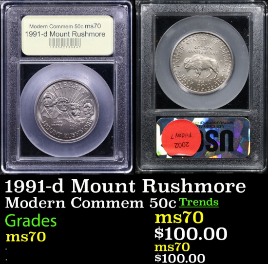 1991-d Mount Rushmore Modern Commem Half Dollar 50c Graded ms70 BY USCG