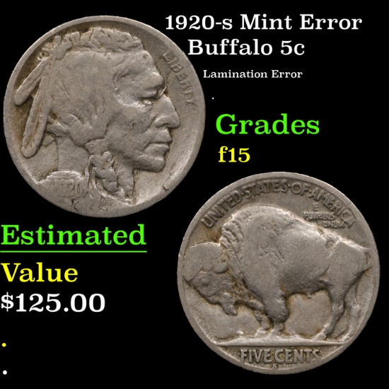 1920-S Buffalo Nickel Mint Error 5c Grades f+