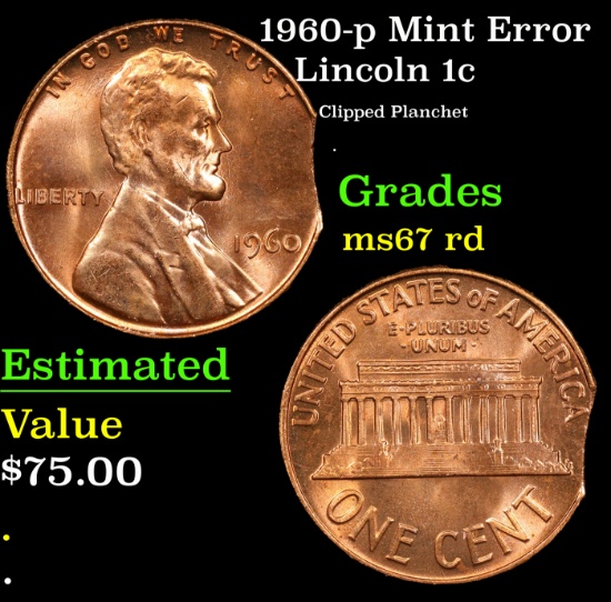 1960-p Lincoln Cent Mint Error 1c Grades GEM++ Unc RD