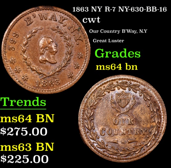 1863 NY Civil War Token R-7 NY-630-BB-16 1c Grades Choice Unc BN