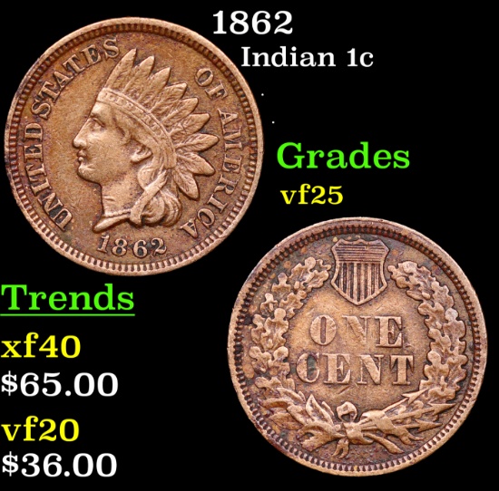 1862 Indian Cent 1c Grades vf+