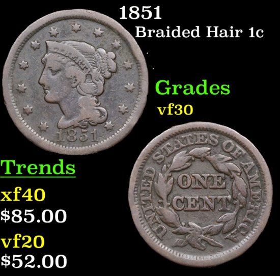 1851 Braided Hair Large Cent 1c Grades vf++