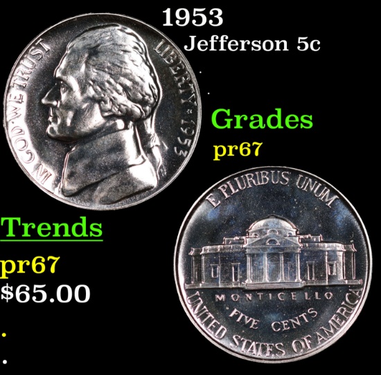 Proof 1953 Jefferson Nickel 5c Grades GEM++ Proof