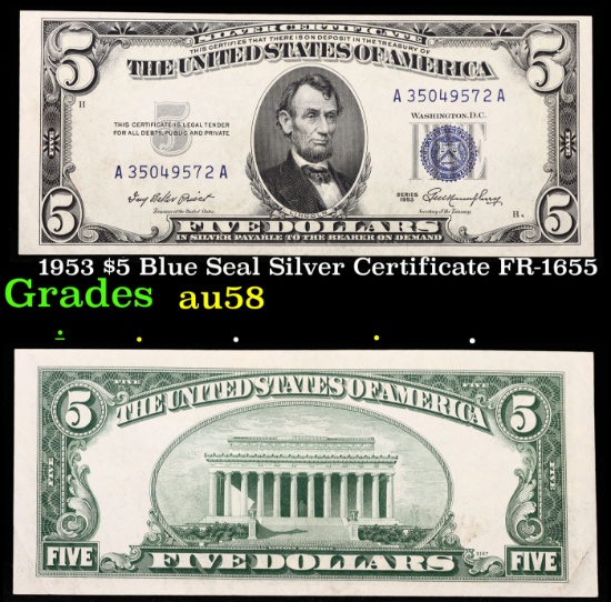1953 $5 Blue Seal Silver Certificate FR-1655 Grades Choice AU/BU Slider