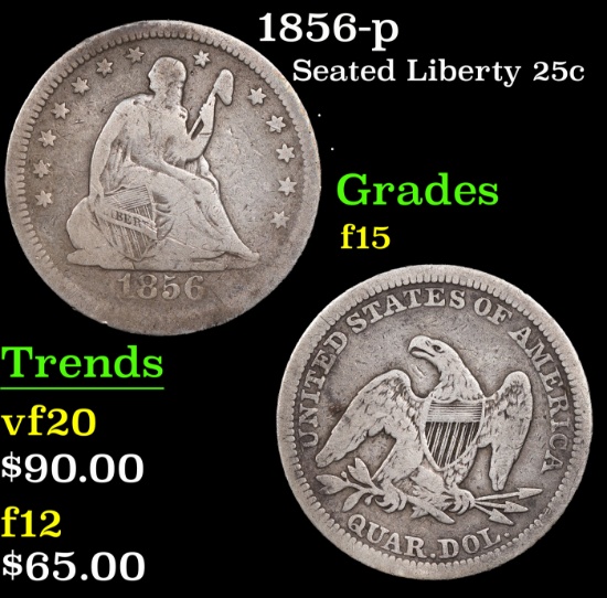 1856-p Seated Liberty Quarter 25c Grades f+