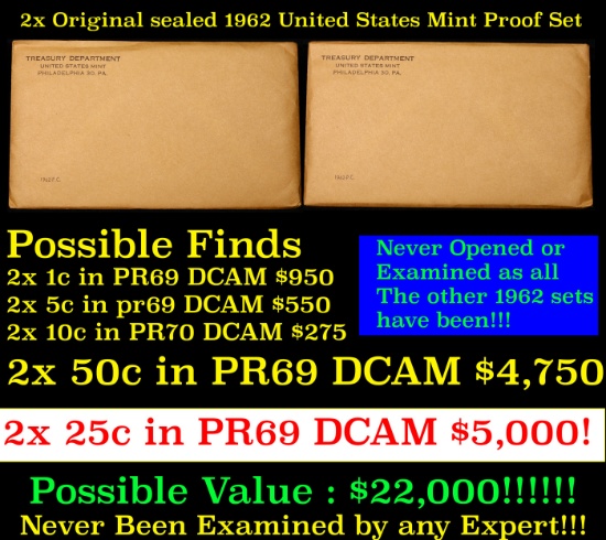 2x Original sealed 1962 United States Mint Proof Set! A total of 10 Coins Inside, 5 each!