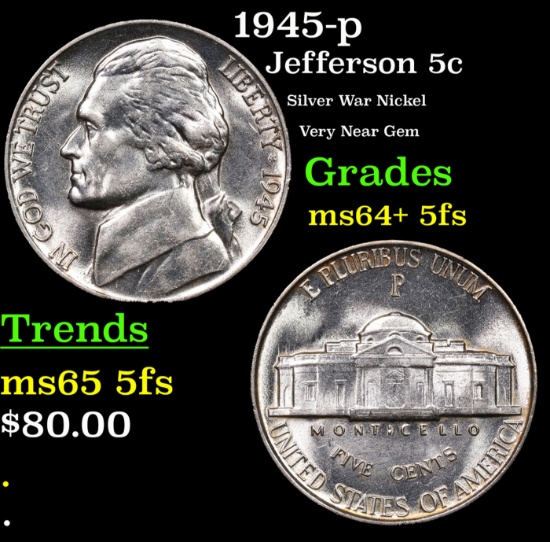 1945-p Jefferson Nickel 5c Grades Choice Unc+ 5fs