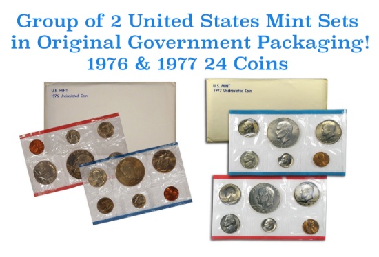 Group of 2 United States Mint Set in Original Government Packaging! From 1976-1977 with 24 Coins Ins