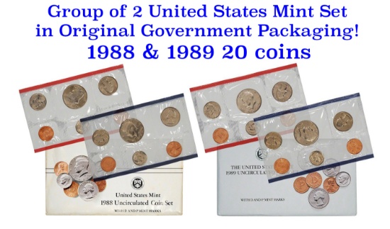 Group of 2 United States Mint Set in Original Government Packaging! From 1988-1989 with 20 Coins Ins