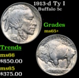 1913-d Ty I Buffalo Nickel 5c Grades GEM+ Unc