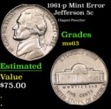 1961-p Jefferson Nickel Mint Error 5c Grades Select Unc
