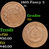 1865 Fancy 5 Two Cent Piece 2c Grades f+