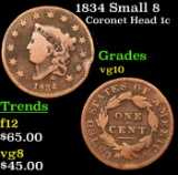 1834 Small 8 Coronet Head Large Cent 1c Grades vg+