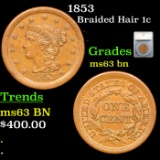 1853 Braided Hair Large Cent 1c Graded ms63 bn By SEGS