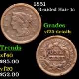 1851 Braided Hair Large Cent 1c Grades VF Details