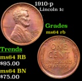 1910-p Lincoln Cent 1c Grades Choice Unc RB