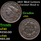 1837 Med Letters Coronet Head Large Cent 1c Grades vf+