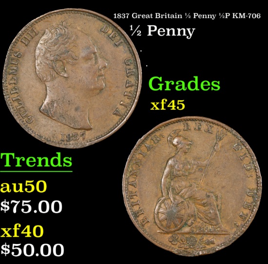 1837 Great Britain 1/2 Penny 1/2P KM-706 Grades xf+