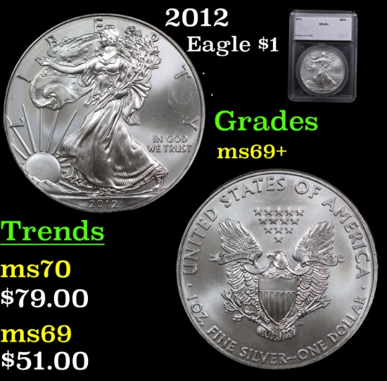 2012 Silver Eagle Dollar $1 Graded ms69+ By SEGS