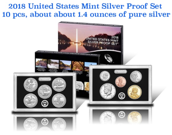 2018 United States Mint Silver Proof Set; 10 pcs, about about 1.4 ounces of pure silver.