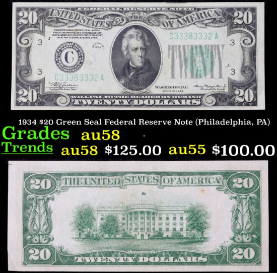 1934 $20 Green Seal Federal Reserve Note (Philadelphia, PA) Grades Choice AU/BU Slider