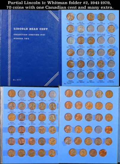 Partial Lincoln 1c Whitman folder #2, 1941-1979, 70 coins with one Canadian cent and many extra.
