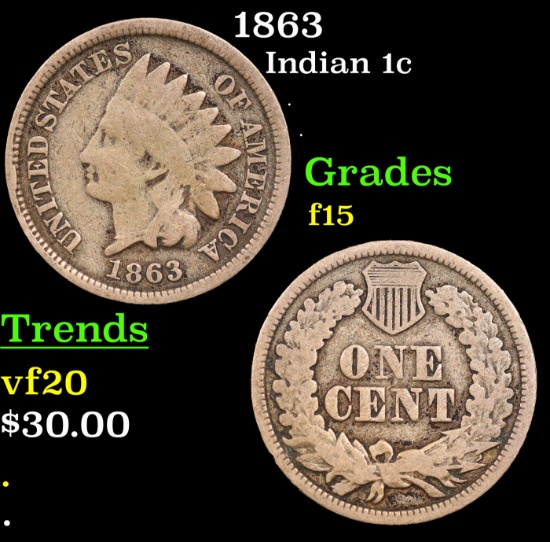 1863 Indian Cent 1c Grades f+