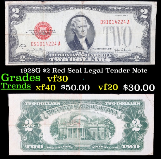 1928G $2 Red Seal Legal Tender Note Grades vf++