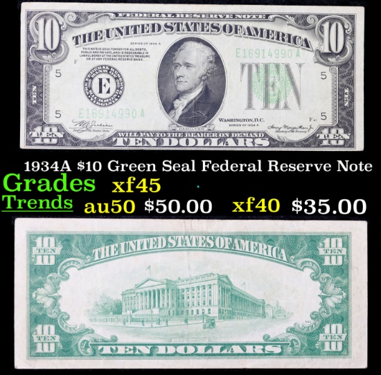 1934A $10 Green Seal Federal Reserve Note Grades xf+