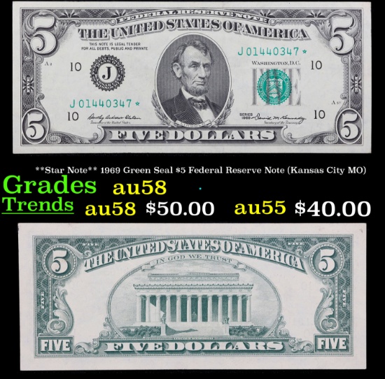 **Star Note** 1969 Green Seal $5 Federal Reserve Note (Kansas City MO) Grades Choice AU/BU Slider