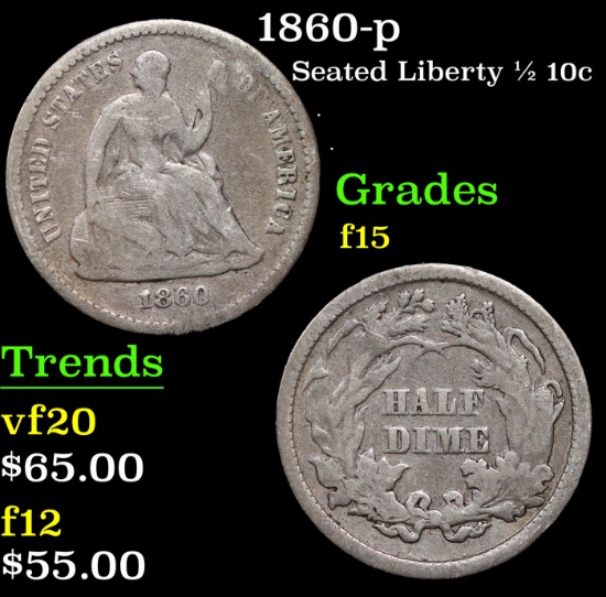 1860-p Seated Liberty Half Dime 1/2 10c Grades f+