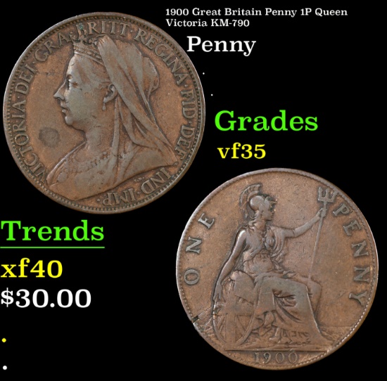 1900 Great Britain Penny 1P Queen Victoria KM-790 Grades vf++