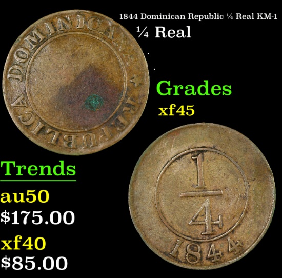 1844 Dominican Republic 1/4 Real KM-1 Grades xf+