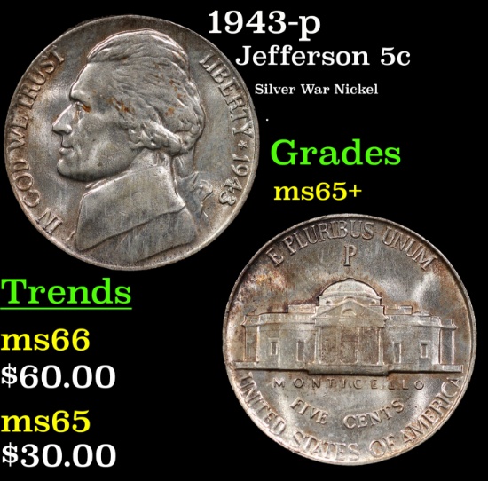 1943-p Jefferson Nickel 5c Grades GEM+ Unc