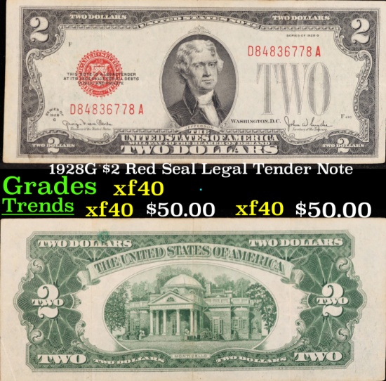 1928G $2 Red Seal Legal Tender Note Grades xf