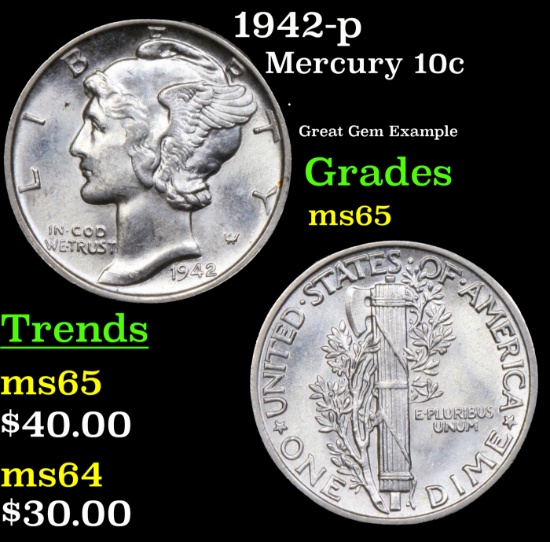 1942-p Mercury Dime 10c Grades GEM Unc