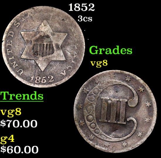 1852 Three Cent Silver 3cs Grades vg, very good