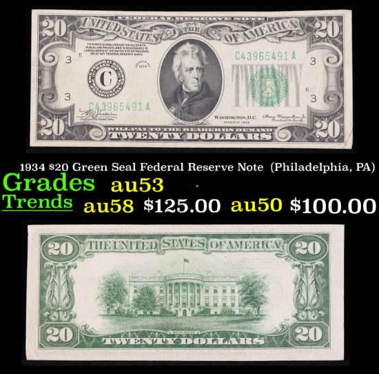 1934 $20 Green Seal Federal Reserve Note  (Philadelphia, PA) Grades Select AU
