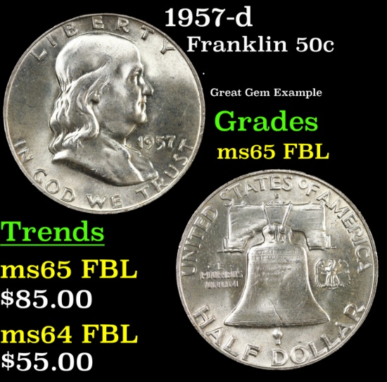 1957-d Franklin Half Dollar 50c Grades GEM FBL