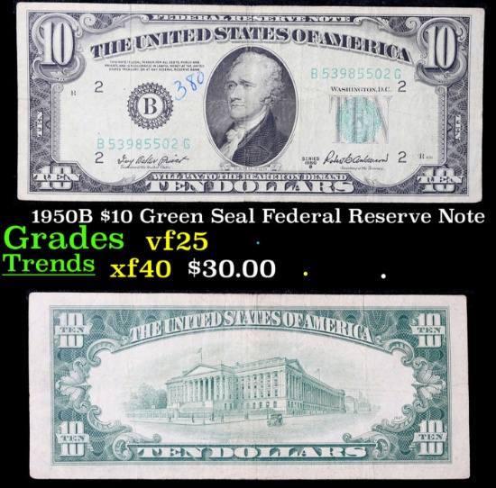 1950B $10 Green Seal Federal Reserve Note Grades vf+