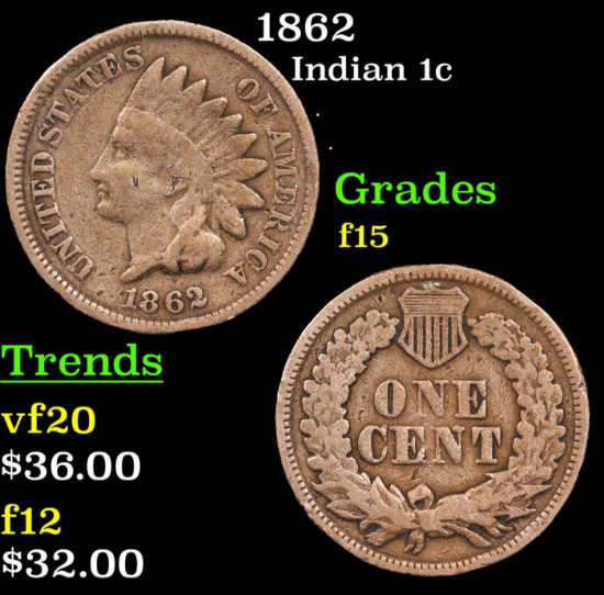 1862 Indian Cent 1c Grades f+