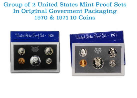 Group of 2 United States Mint Proof Sets 1970-1971. Containd 1970 Kennedy Half Dollar was struck in