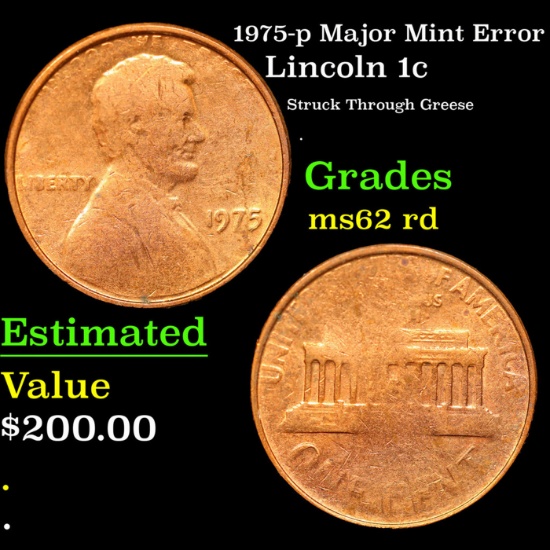 1975-p Lincoln Cent Major Mint Error 1c Grades Select Unc RD