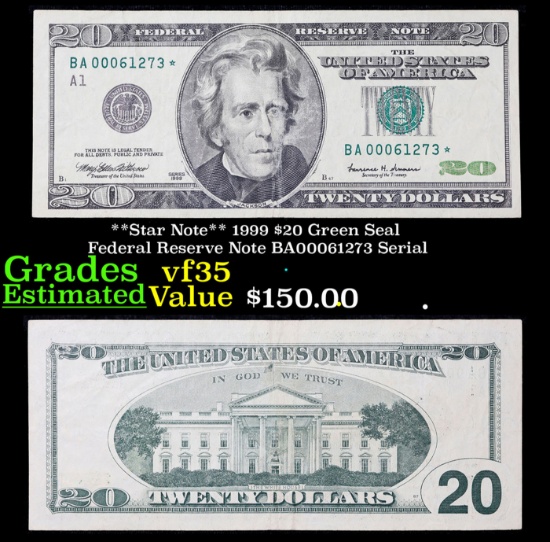 **Star Note** 1999 $20 Green Seal Federal Reserve Note BA00061273 Serial Grades vf++