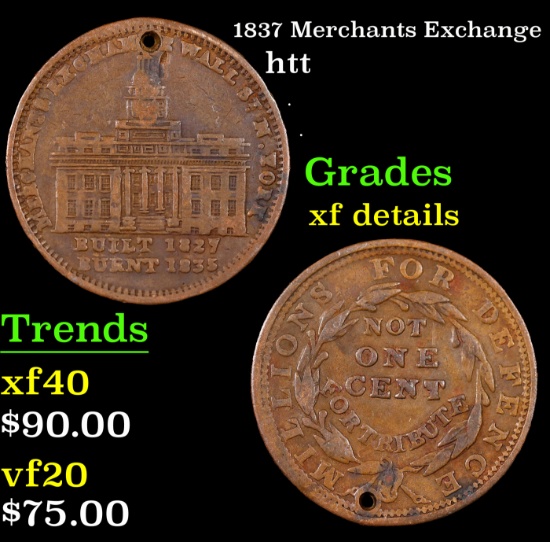 1837 Merchants Exchange Hard Times Token 1c Grades xf details