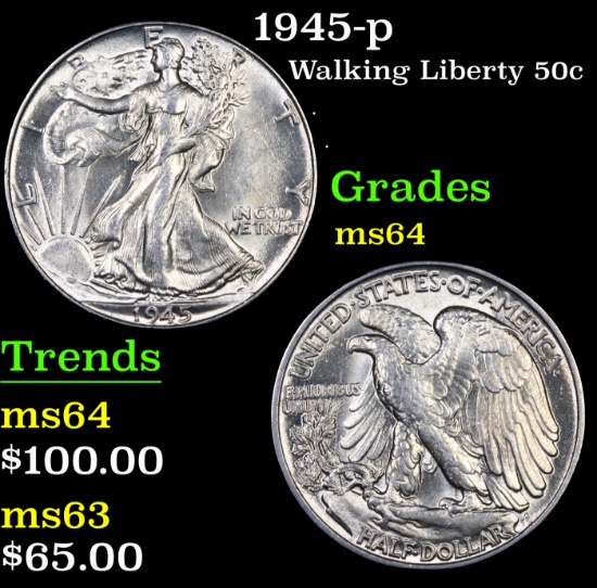 1945-p Walking Liberty Half Dollar 50c Grades Choice Unc