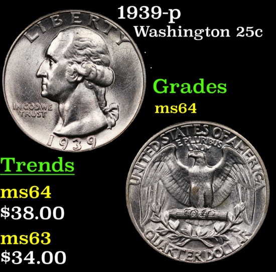 1939-p Washington Quarter 25c Grades Choice Unc